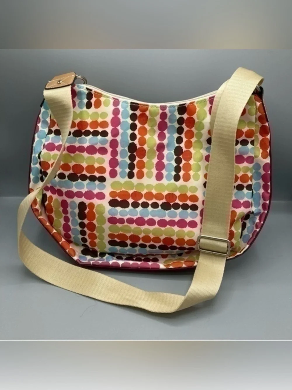 🌸 Lily Bloom Multicolor Dot-Print Shoulder Bag with Tan Trim and Strap Detail